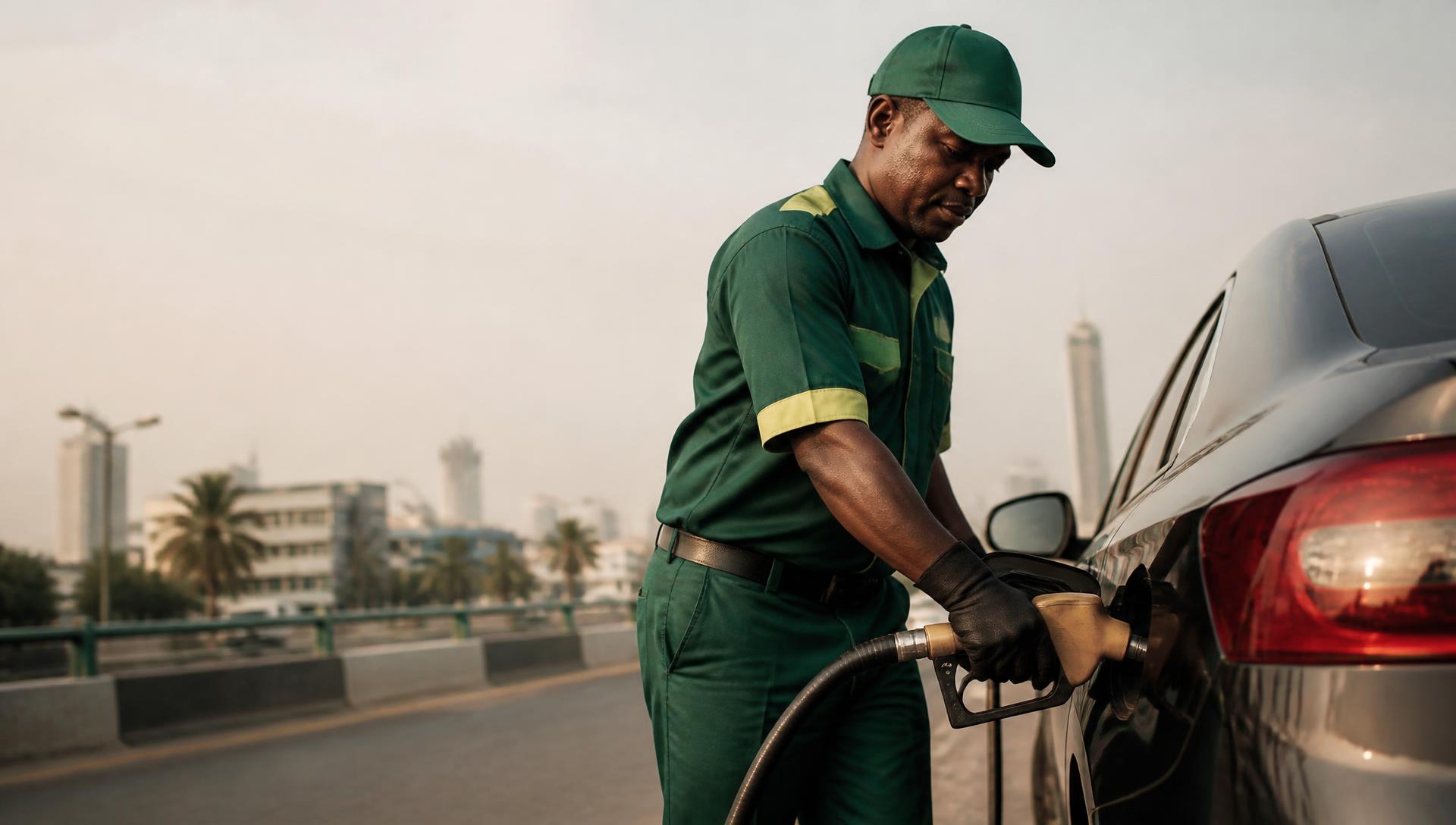 A uniformed Go N' Fill attendant refuelling a car at the kerbside in Lagos